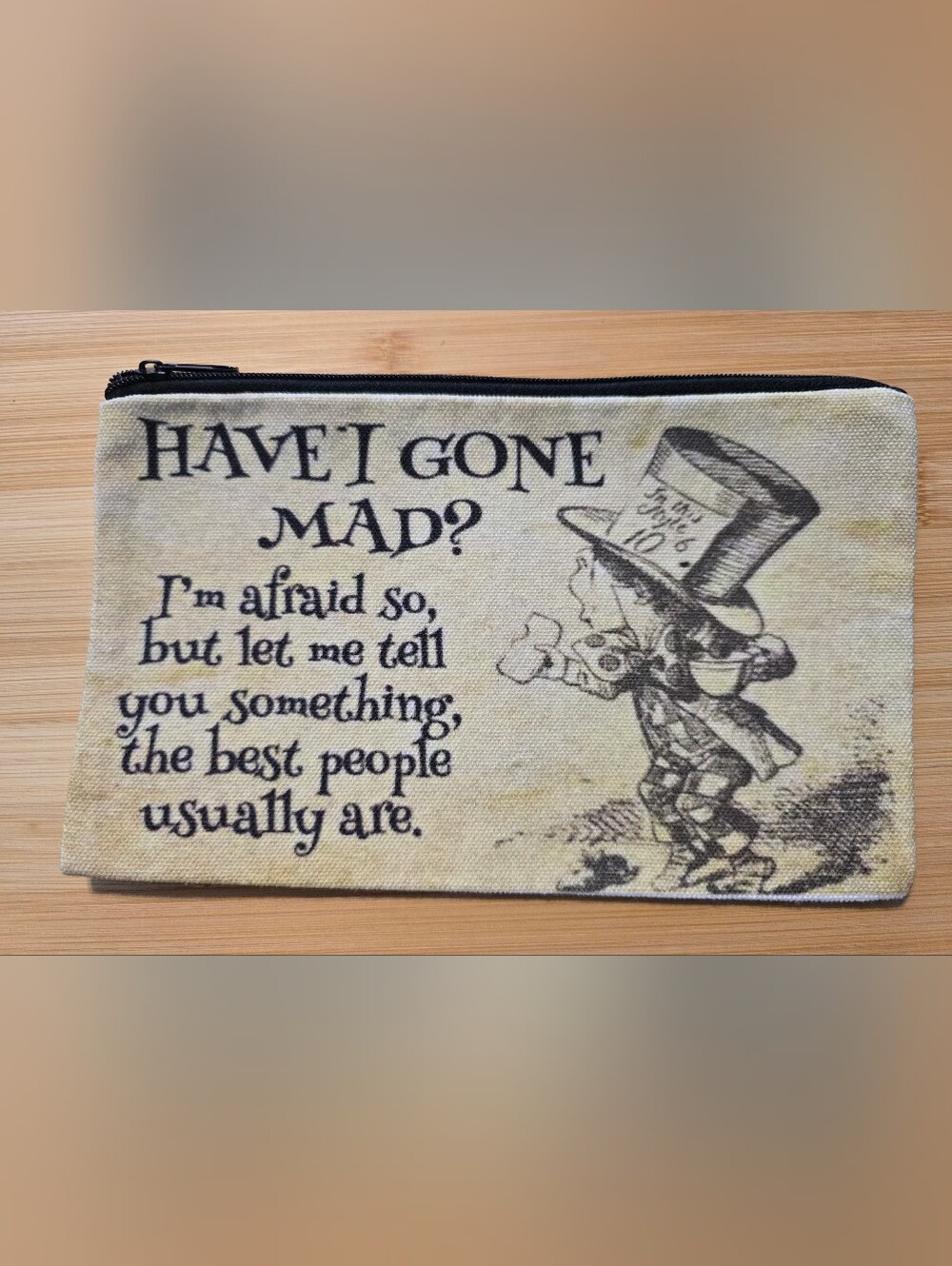 🎩NWOT Alice In Wonderland Mad Hatter Canvas Makeup Bag Zipper Pouch Quote Cute